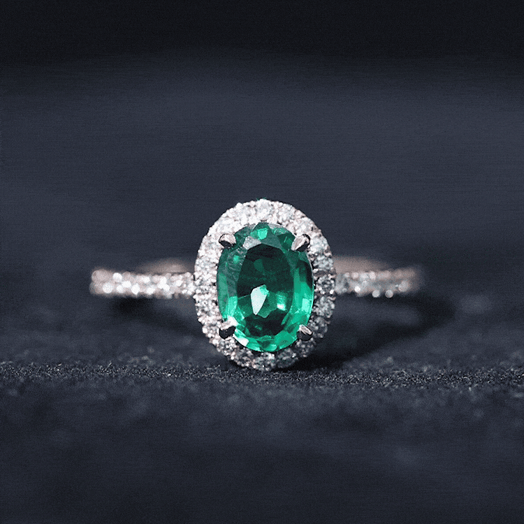 6x8mm Oval Cut Lab Created Emerald Halo Engagement Ring with Diamond