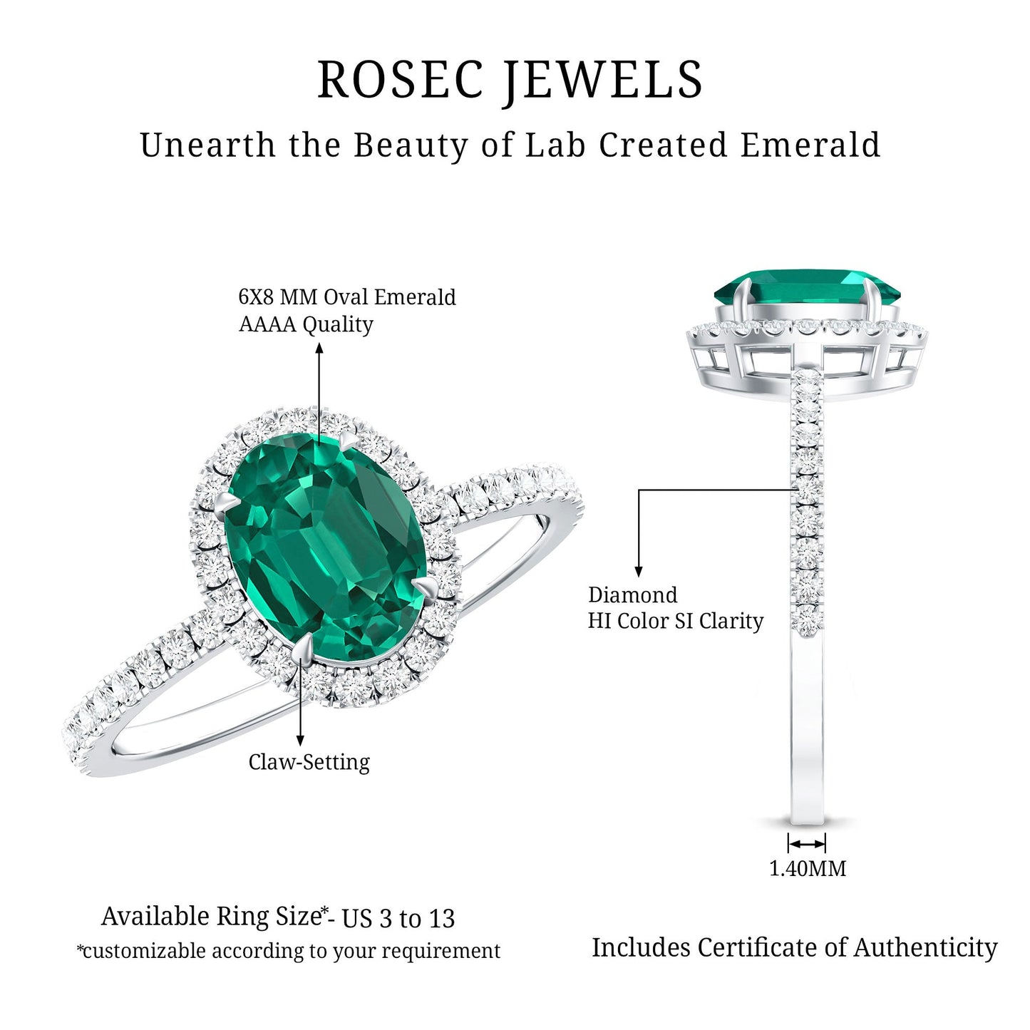 6x8mm Oval Cut Lab Created Emerald Halo Engagement Ring with Diamond