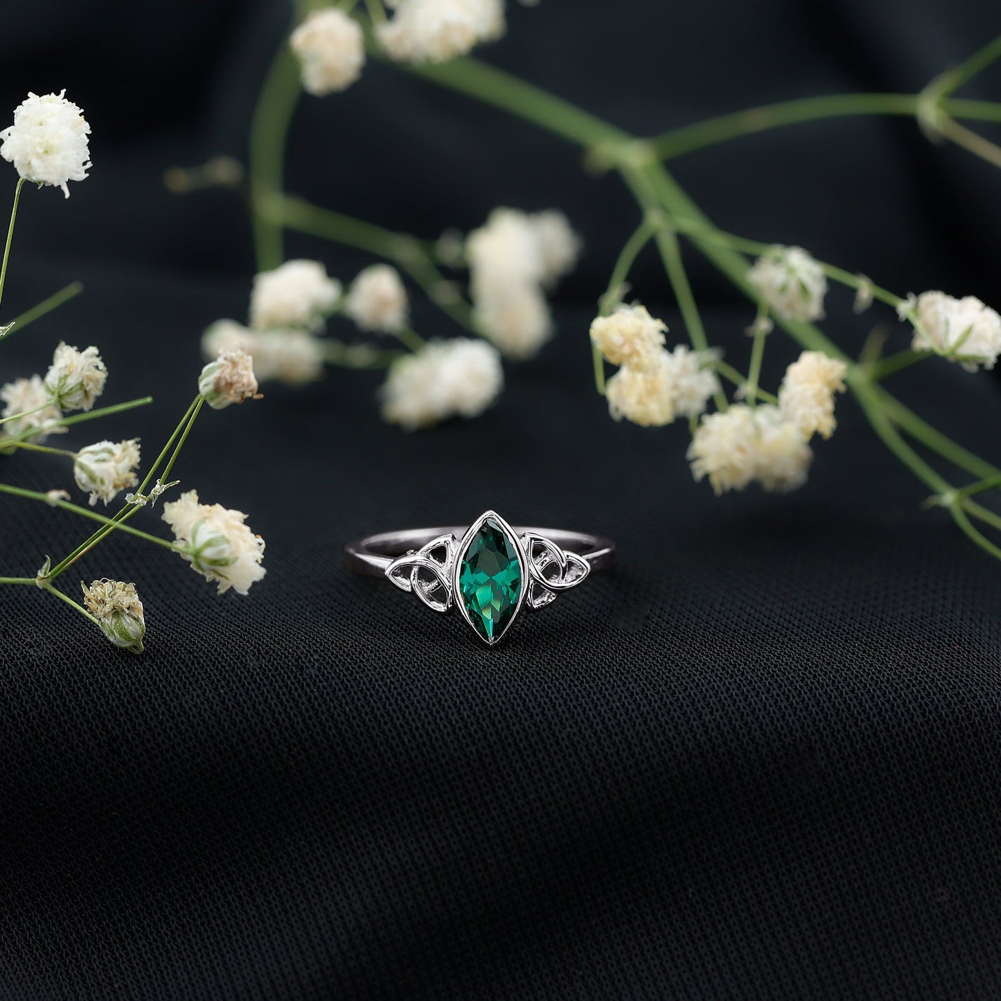 Certified 0.6 Carat Lab Grown Emerald Marquise Promise Ring with Celtic Knot