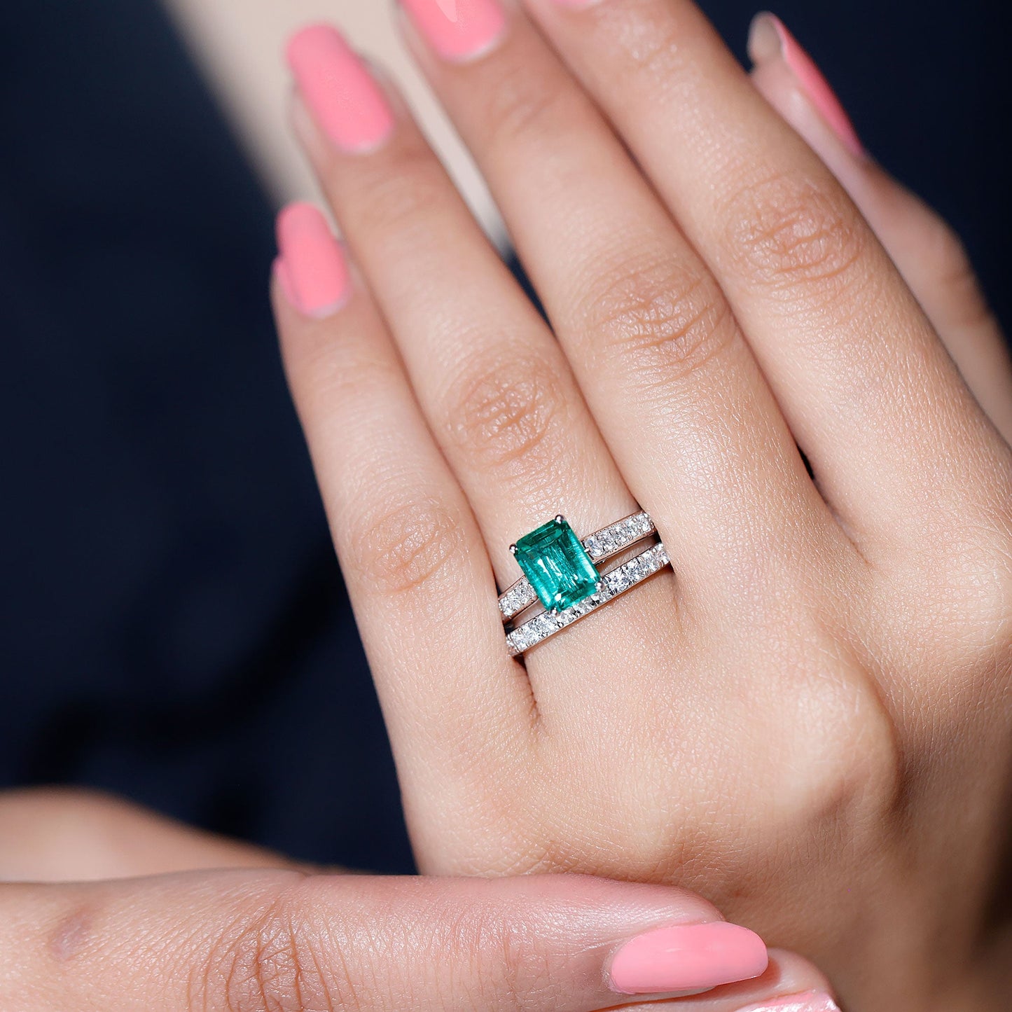 Lab Grown 1.6 Carat Emerald Cut Emerald Engagement Ring with Wedding Band