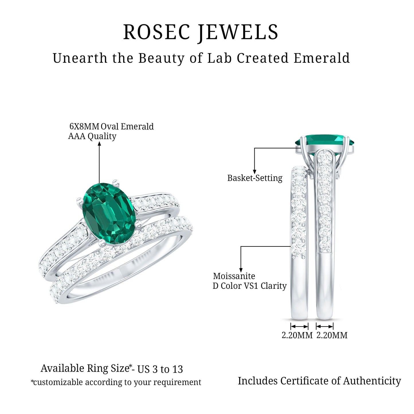 Certified 1.2 Carat Oval Lab Grown Emerald Wedding Bridal Ring Set of 2