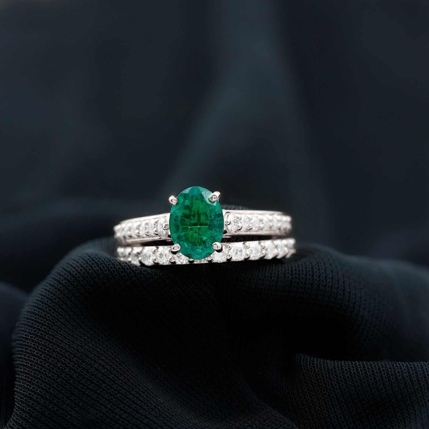 Certified 1.2 Carat Oval Lab Grown Emerald Wedding Bridal Ring Set of 2