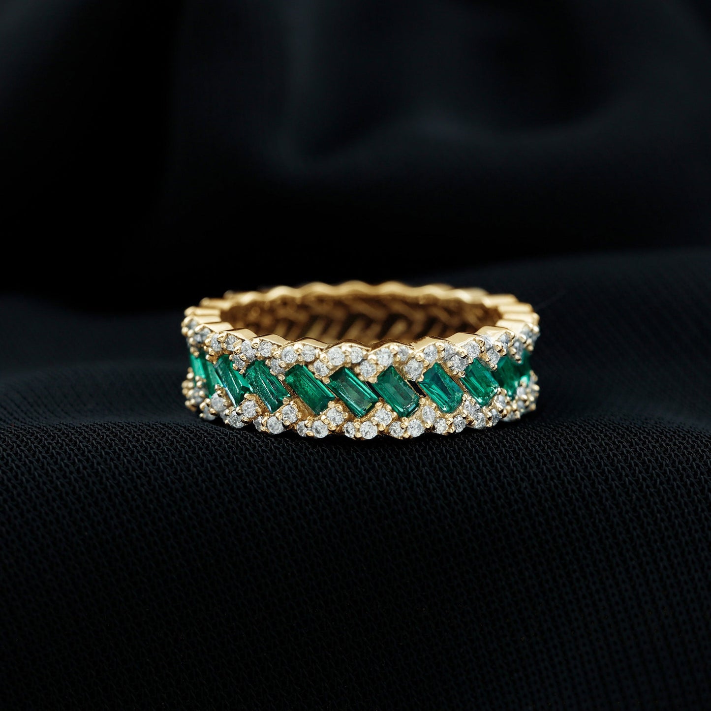 Certified Baguette Lab Grown Emerald Braided Wedding Band with Moissanite