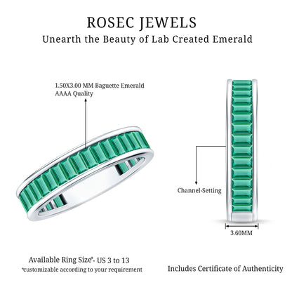 Channel Set Baguette Cut Created Emerald Eternity Band Ring
