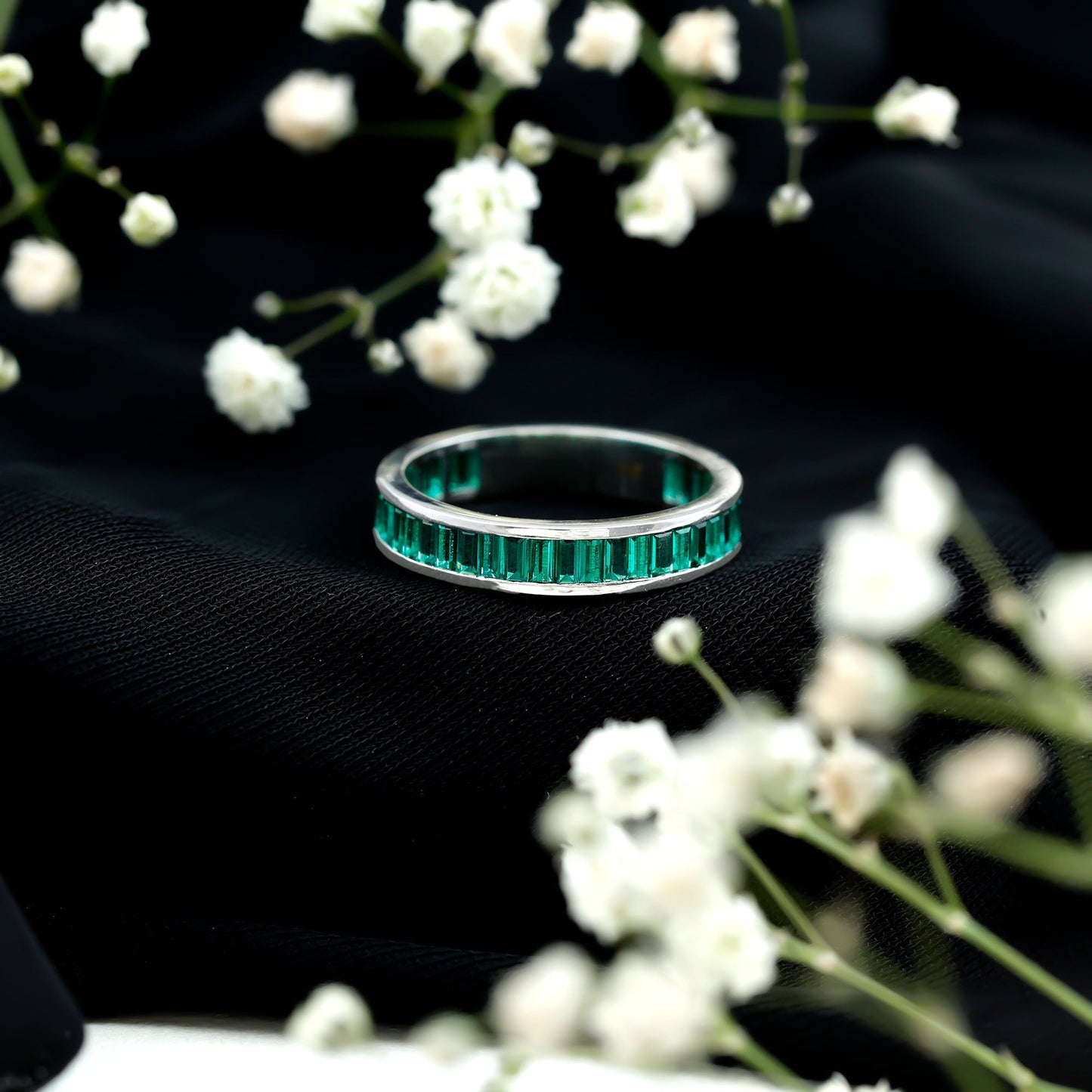 Channel Set Baguette Cut Created Emerald Eternity Band Ring