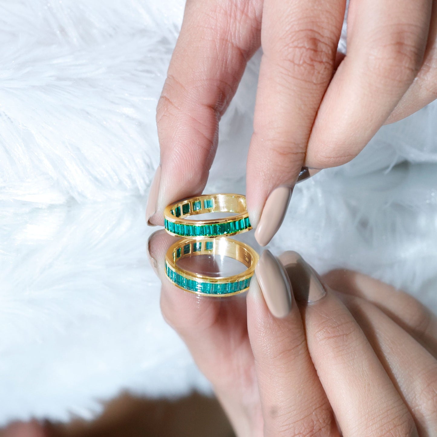 Channel Set Baguette Cut Created Emerald Eternity Band Ring