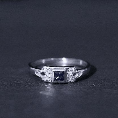 Art Deco Inspired Princess Cut Lab Grown Blue Sapphire Ring with Diamond