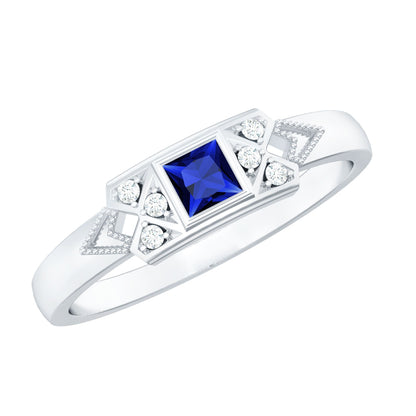 Art Deco Inspired Princess Cut Lab Grown Blue Sapphire Ring with Diamond