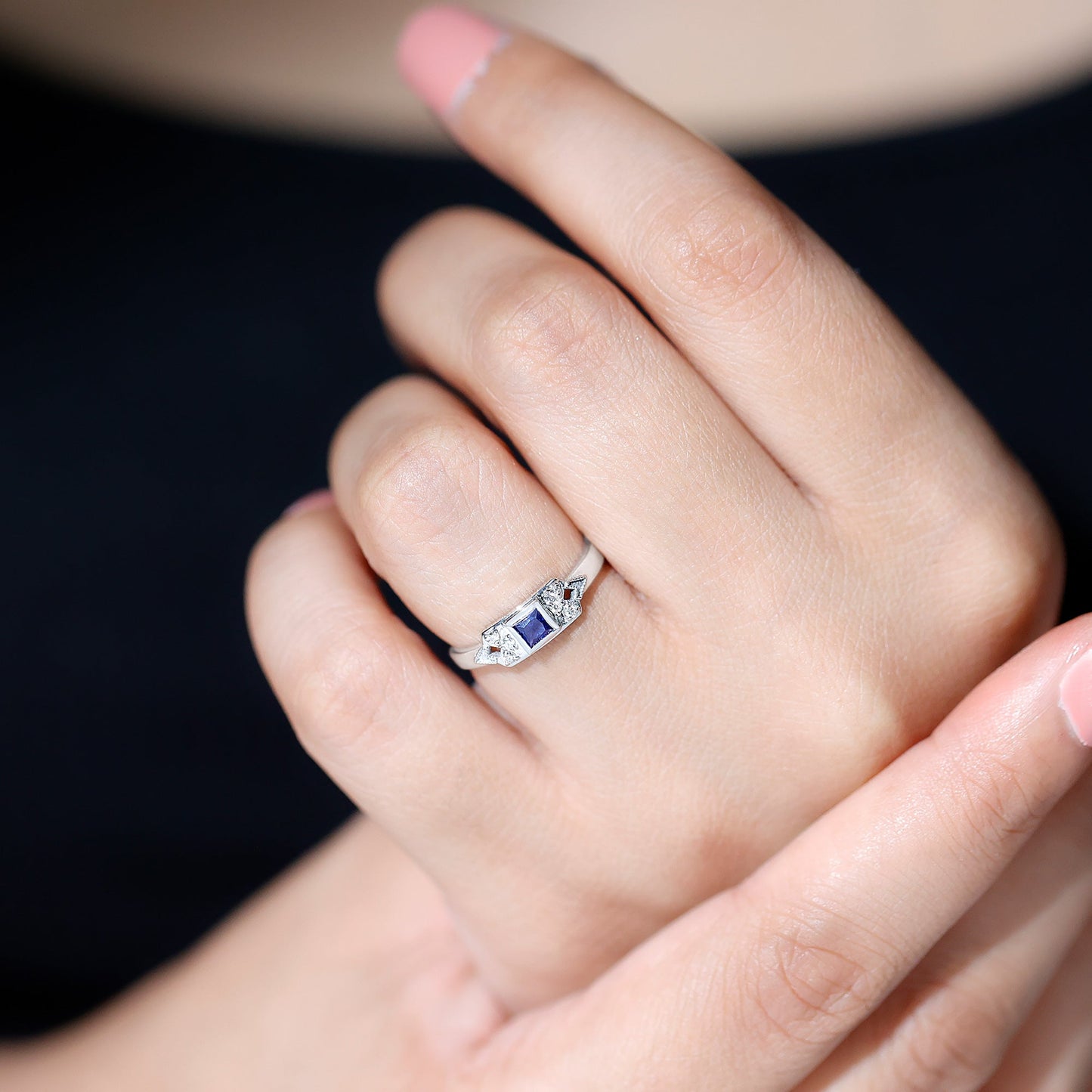 Art Deco Inspired Princess Cut Lab Grown Blue Sapphire Ring with Diamond