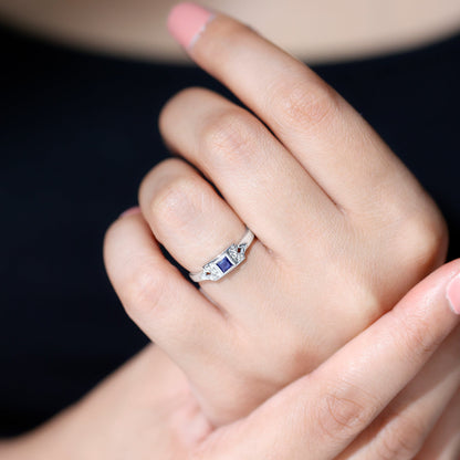 Art Deco Inspired Princess Cut Lab Grown Blue Sapphire Ring with Diamond