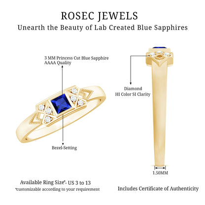 Art Deco Inspired Princess Cut Lab Grown Blue Sapphire Ring with Diamond