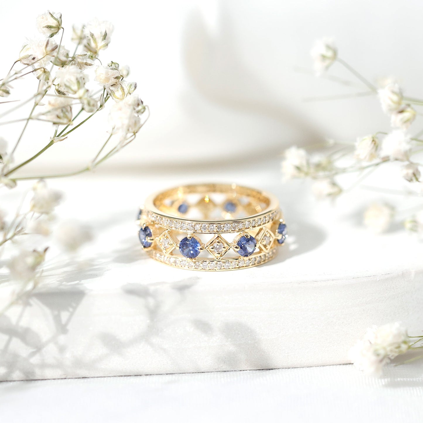 Lab Created Blue Sapphire and Diamond Full Eternity Band Ring