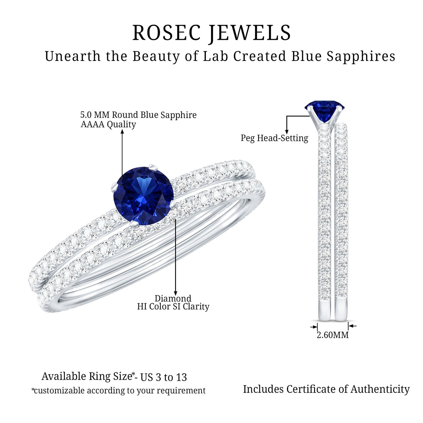 Certified 0.6 Carat Lab Grown Blue Sapphire Engagement Ring Set with Diamond