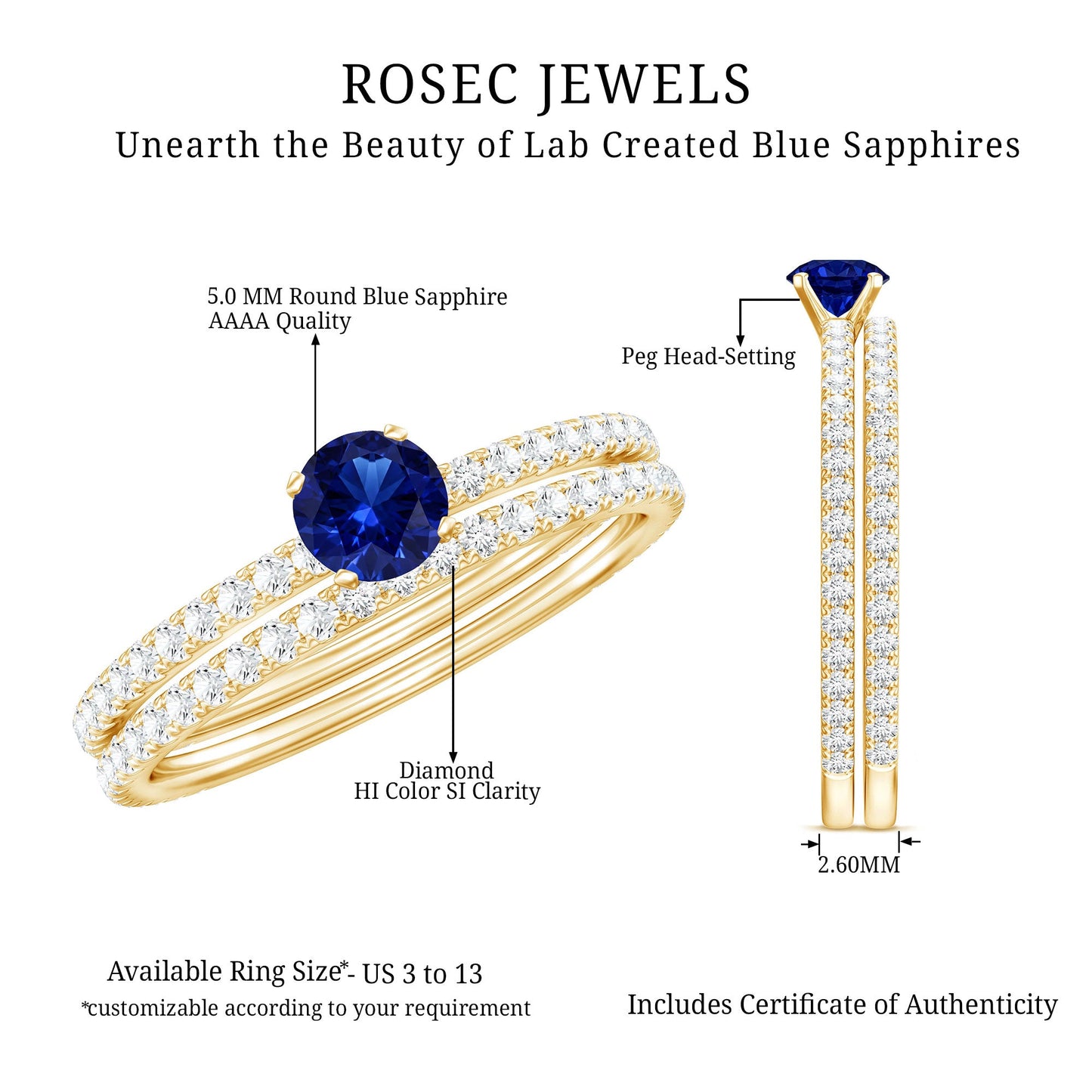 Certified 0.6 Carat Lab Grown Blue Sapphire Engagement Ring Set with Diamond