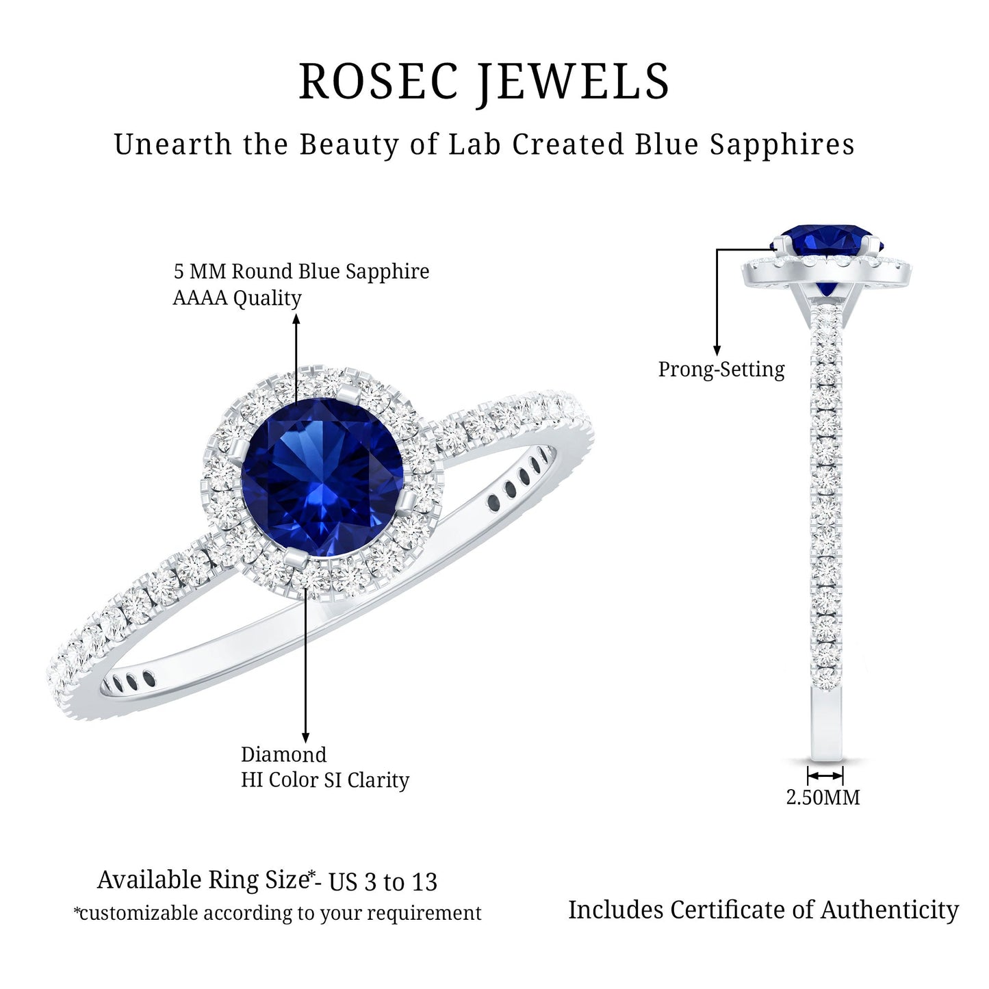 Certified 0.6 Carat Lab Grown Blue Sapphire Engagement Ring with Diamond Halo