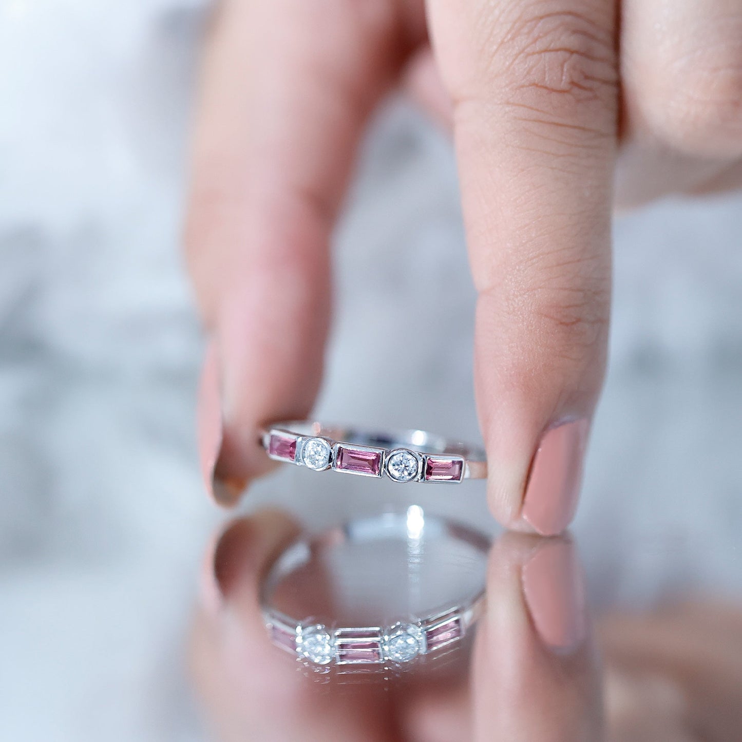 Pink Tourmaline and Diamond Stackable Ring in Bezel Setting