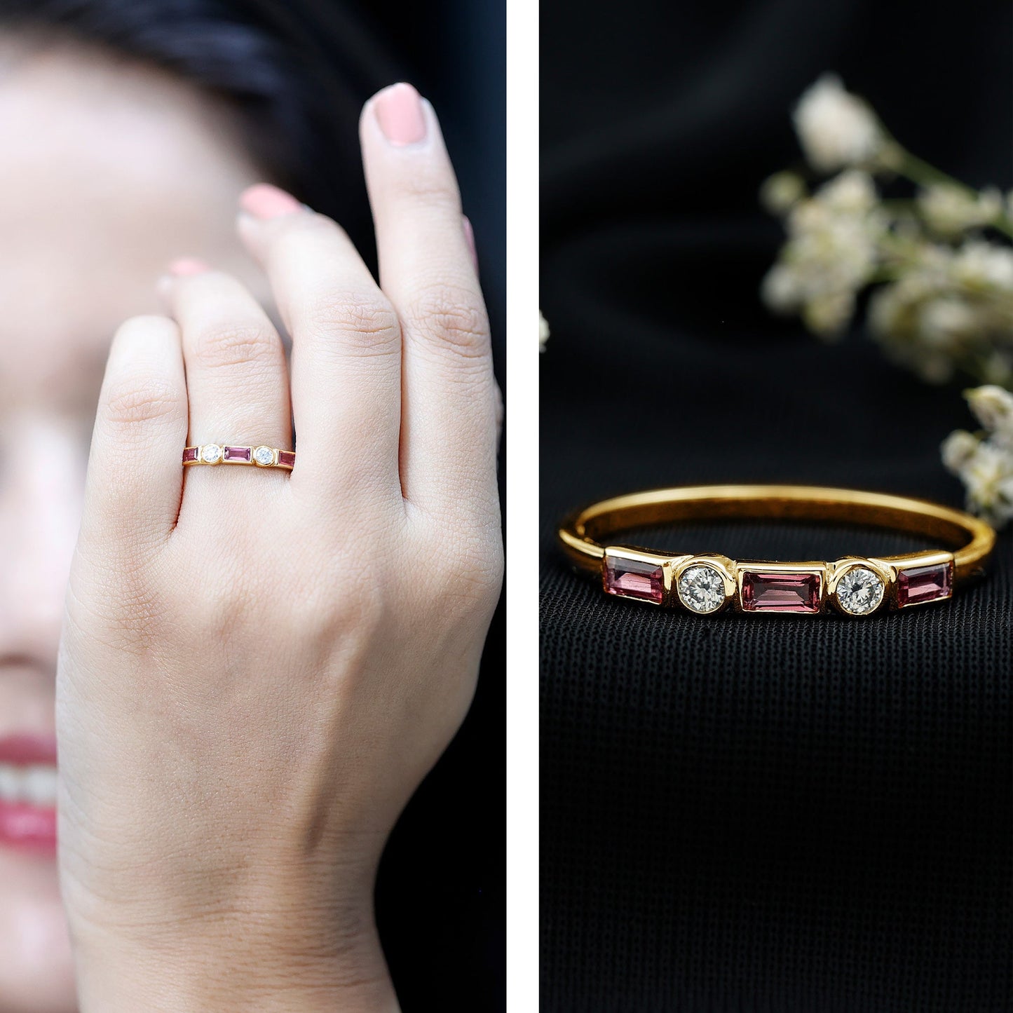 Pink Tourmaline and Diamond Stackable Ring in Bezel Setting