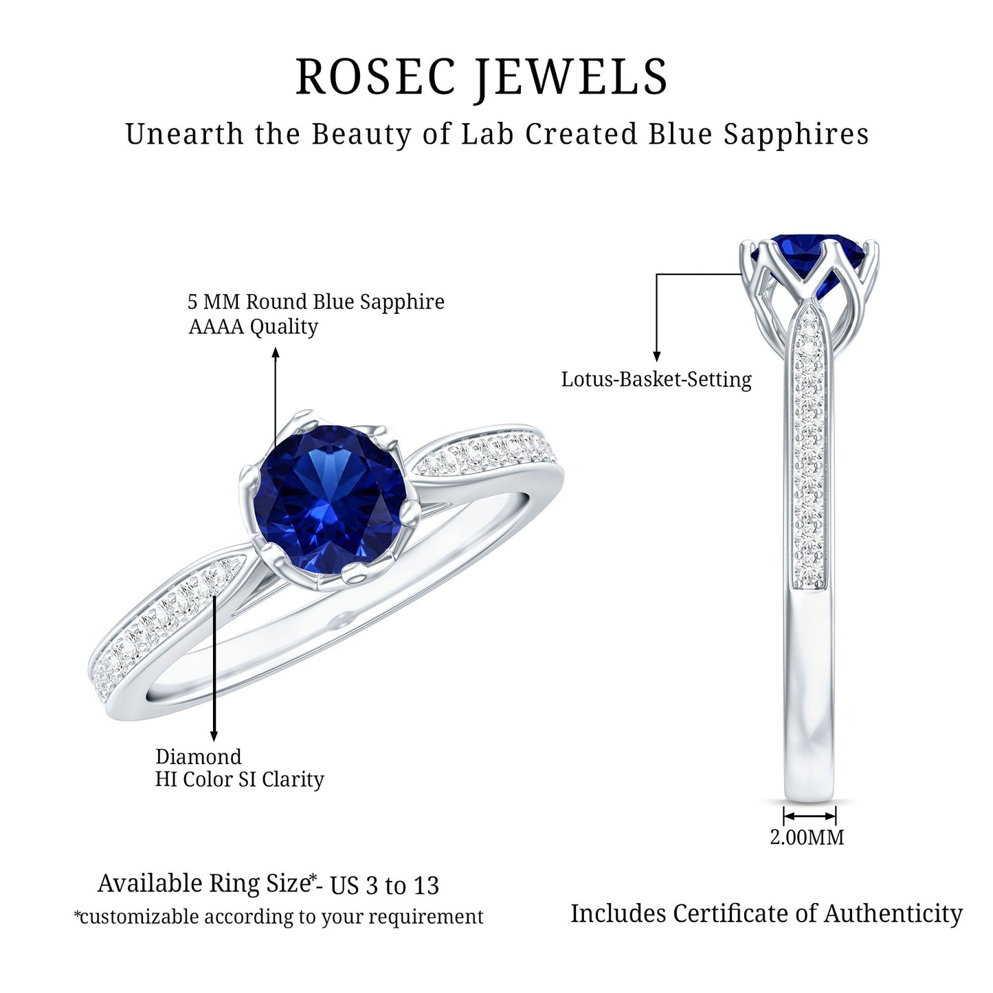 Certified Lab Created Blue Sapphire Minimal Engagement Ring with Diamond Side Stones