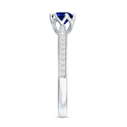 Certified Lab Created Blue Sapphire Minimal Engagement Ring with Diamond Side Stones