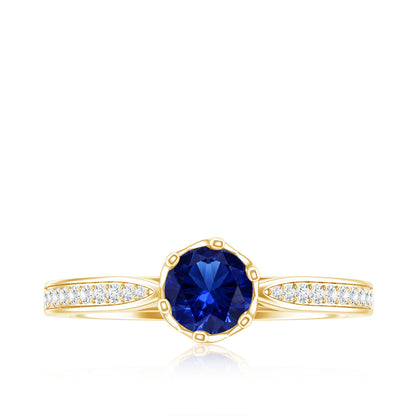 Certified Lab Created Blue Sapphire Minimal Engagement Ring with Diamond Side Stones