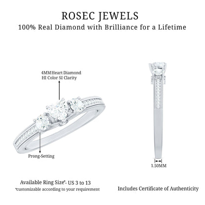 Natural Diamond Three Stone Ring with Beaded Details