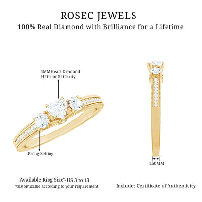 Natural Diamond Three Stone Ring with Beaded Details
