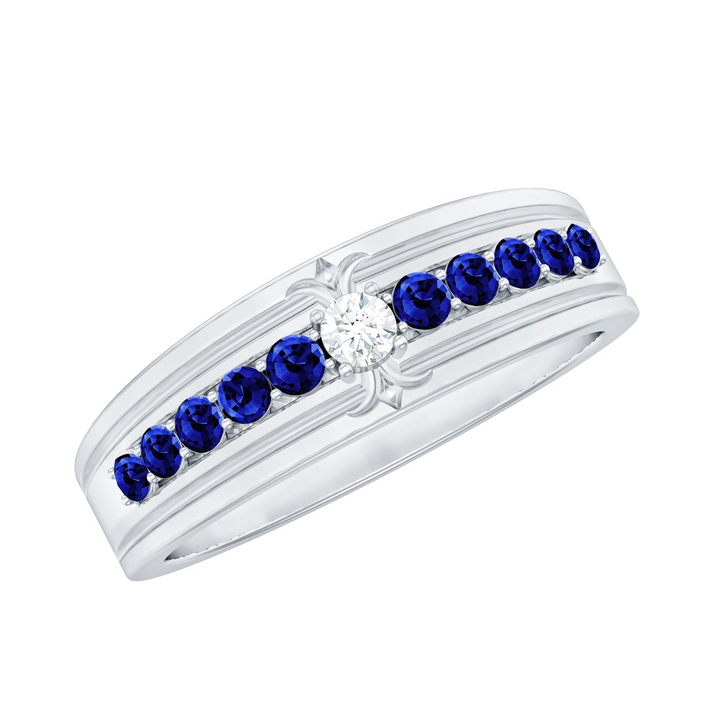 Certified Moissanite and Lab Created Blue Sapphire Anniversary Band