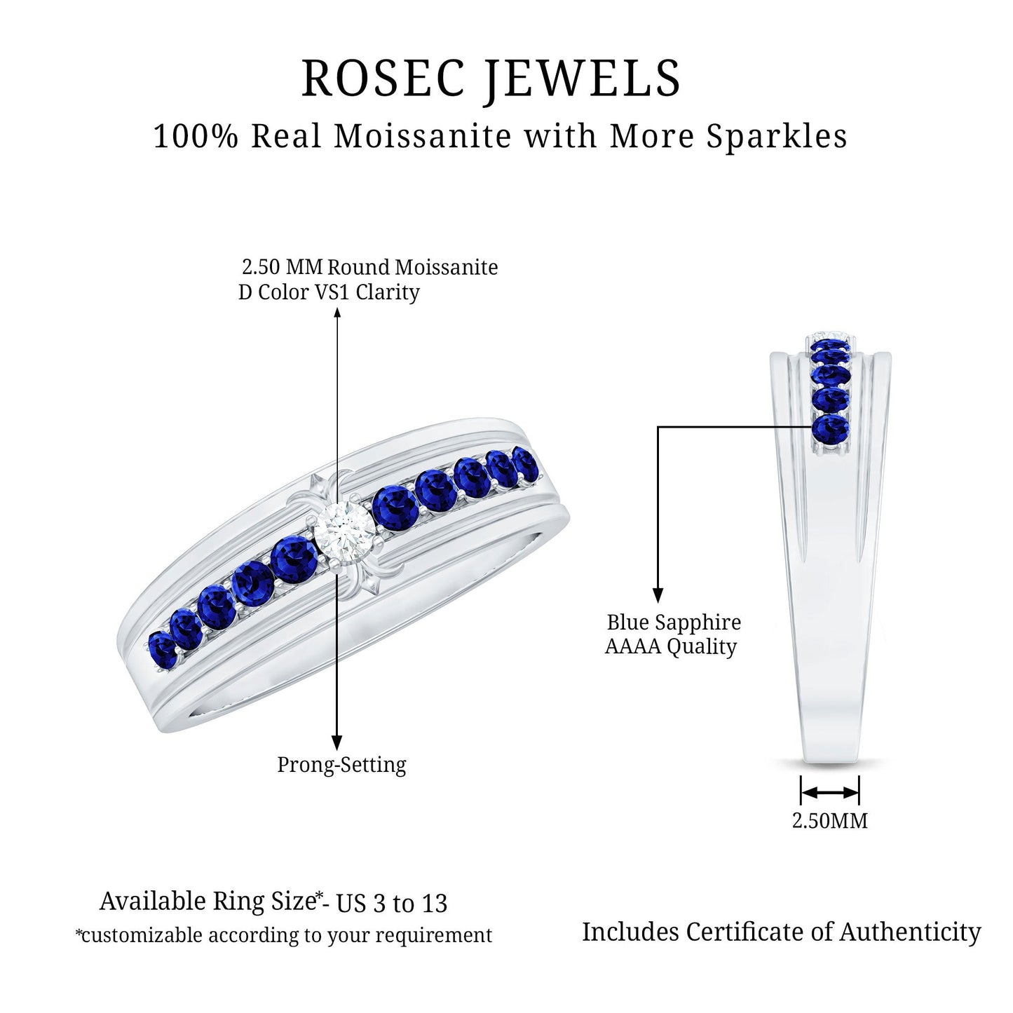 Certified Moissanite and Lab Created Blue Sapphire Anniversary Band