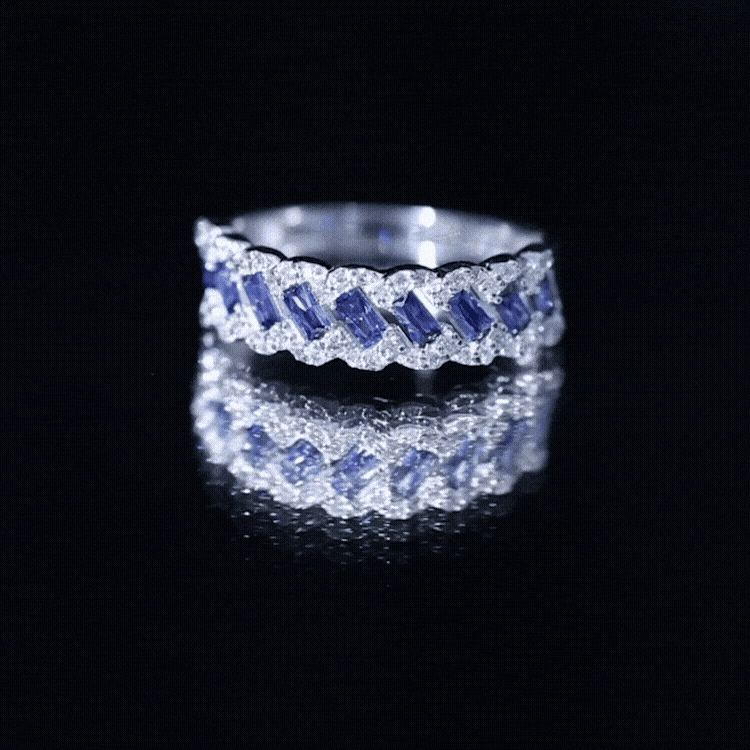 Certified Baguette Lab Grown Blue Sapphire Half Eternity Band with Diamond