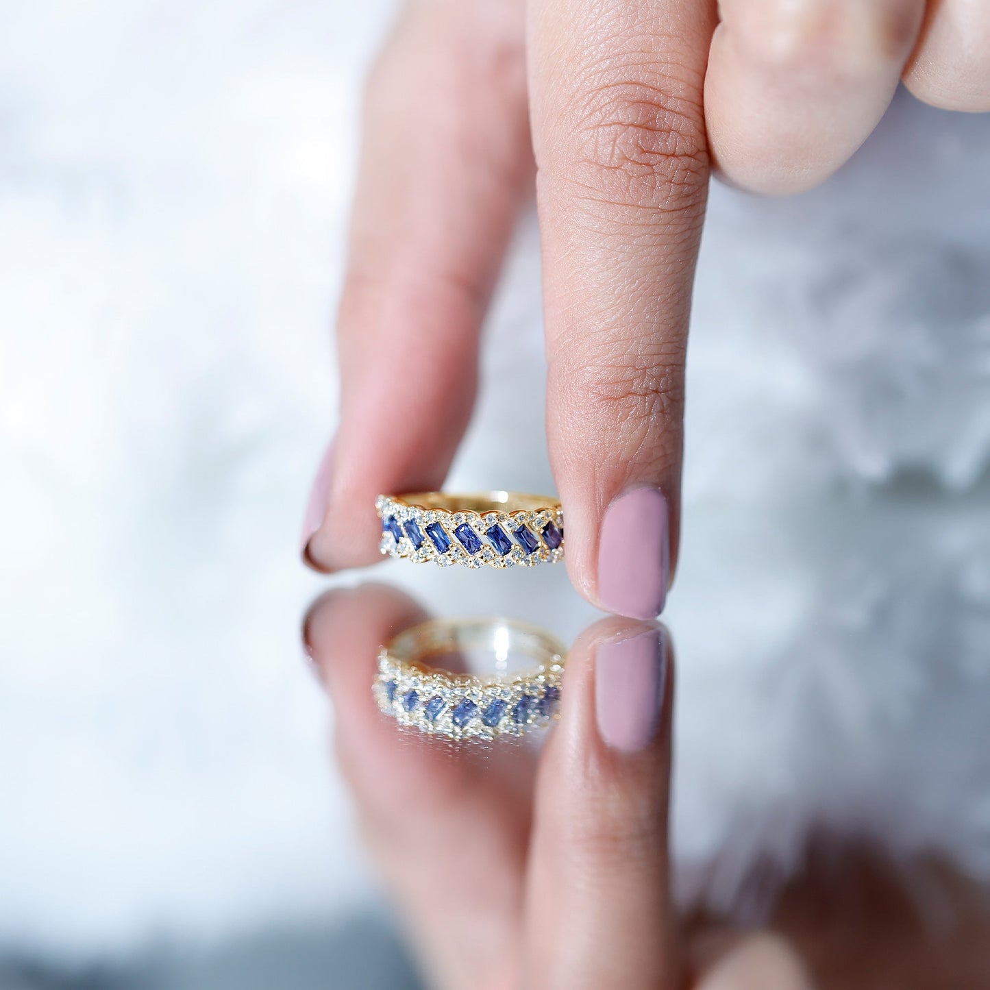 Certified Baguette Lab Grown Blue Sapphire Half Eternity Band with Diamond