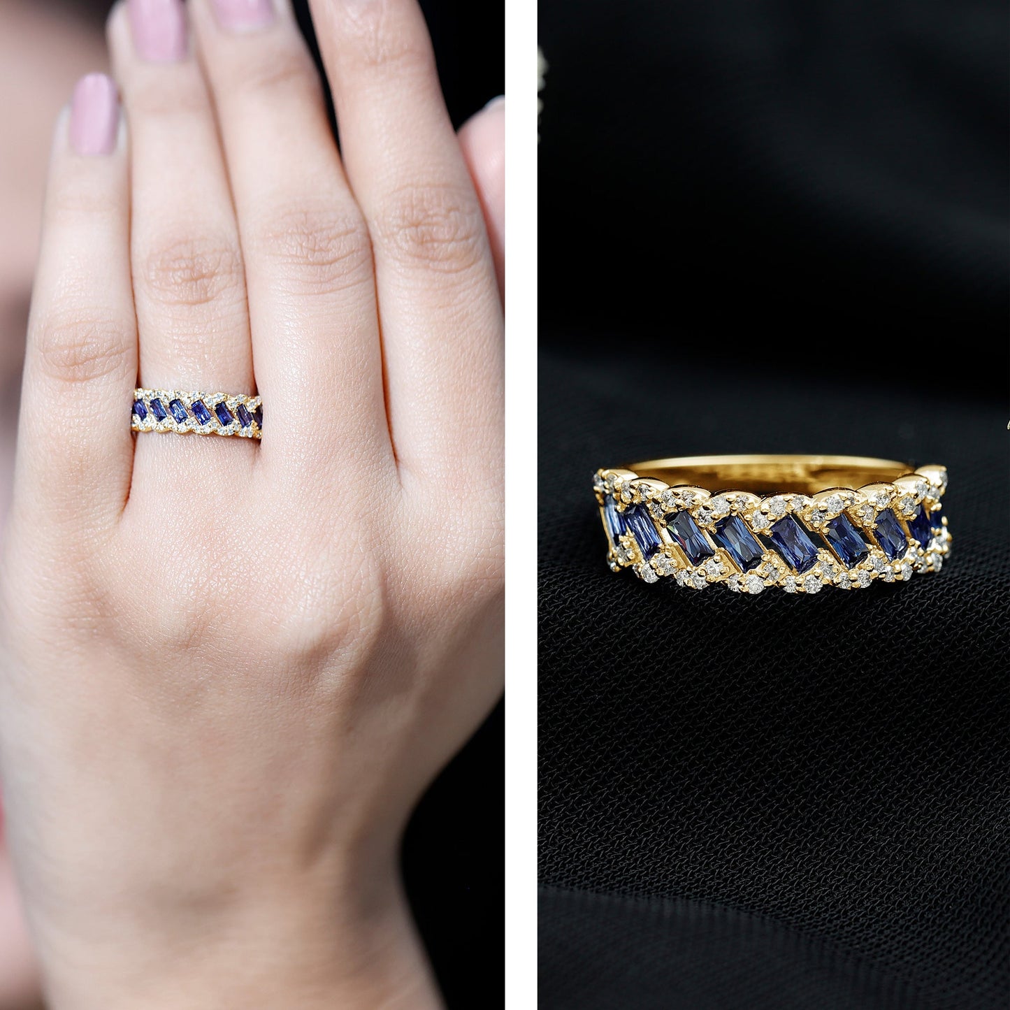 Certified Baguette Lab Grown Blue Sapphire Half Eternity Band with Diamond
