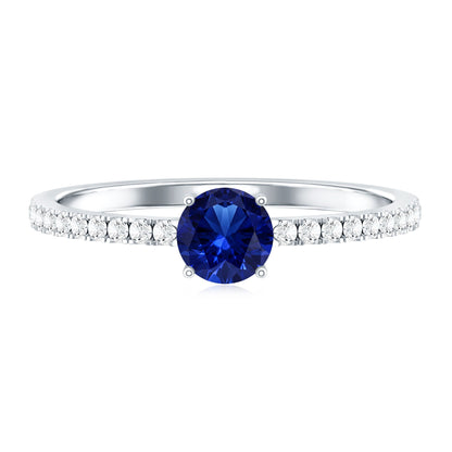 0.6 Carat Lab Created Blue Sapphire Promise Ring with Diamond Side Stones