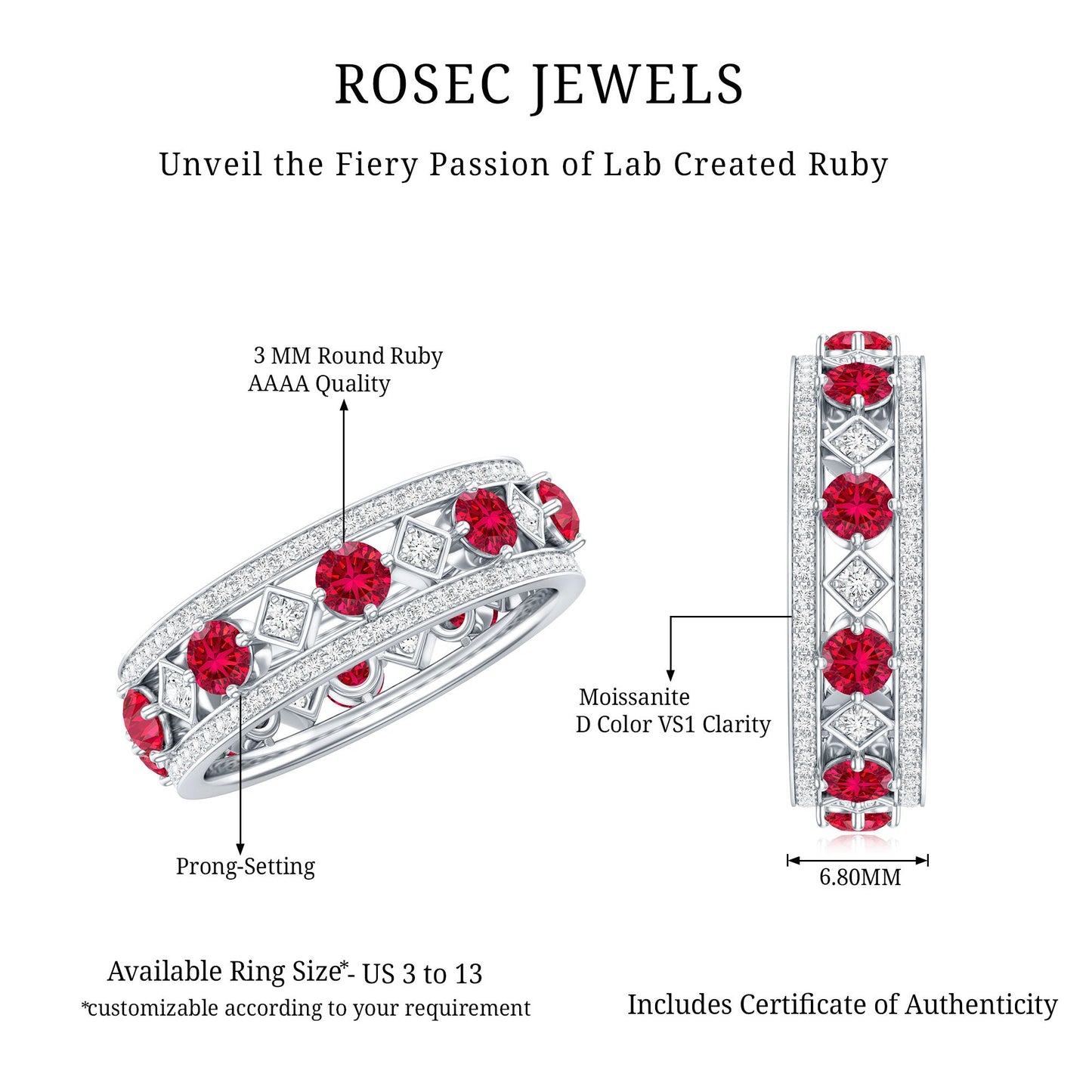 Lab Grown Ruby Vintage Wedding Band Ring With Moissanite