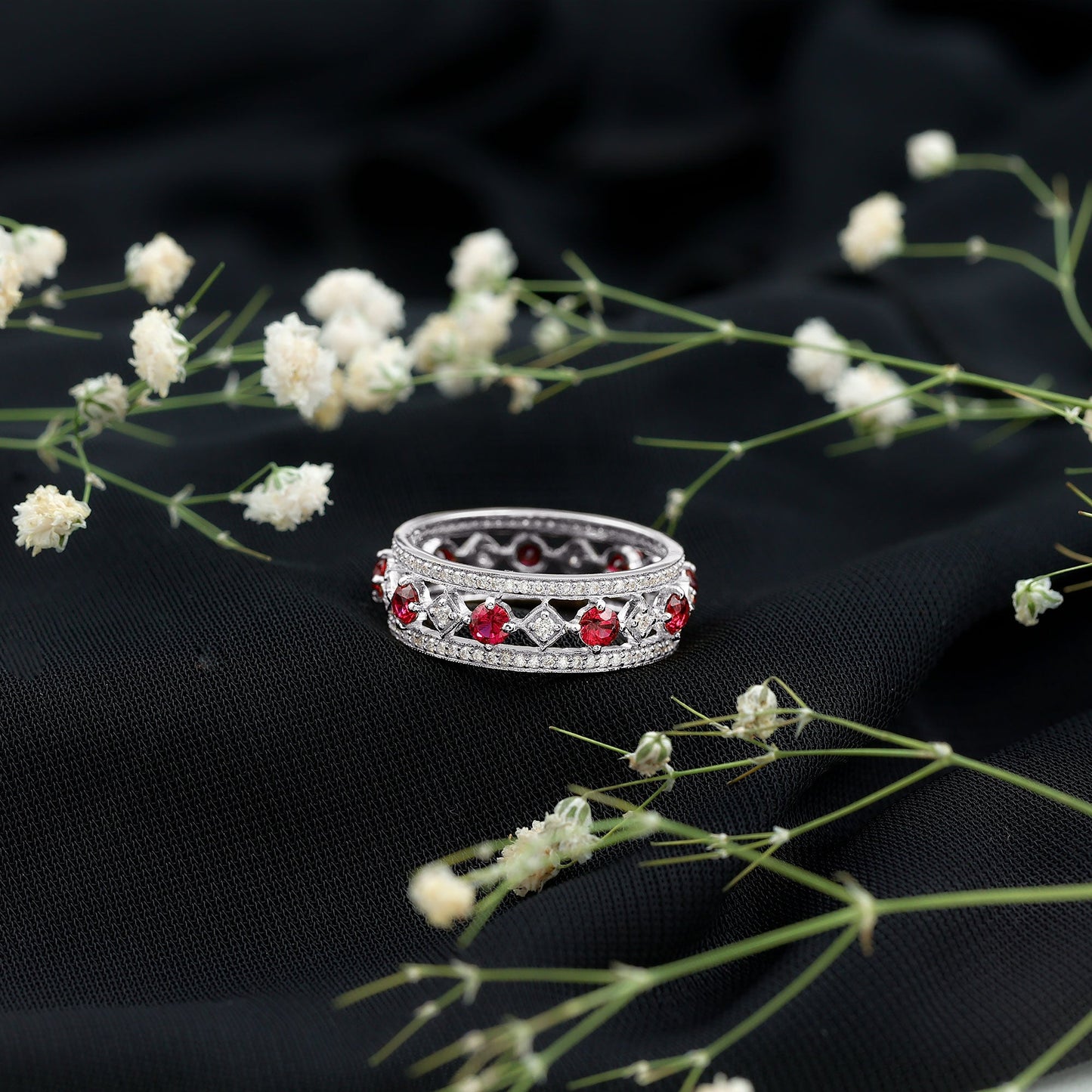 Lab Grown Ruby Vintage Wedding Band Ring With Moissanite