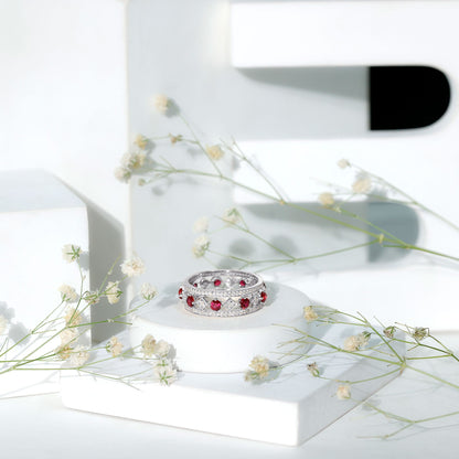 Lab Grown Ruby Vintage Wedding Band Ring With Moissanite