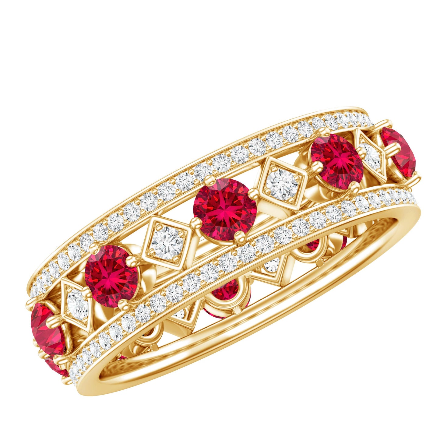 Lab Grown Ruby Vintage Wedding Band Ring With Moissanite