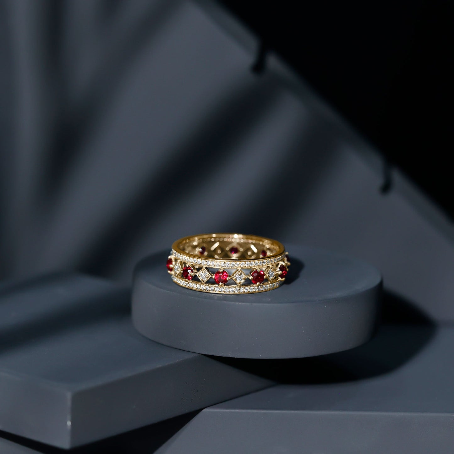 Lab Grown Ruby Vintage Wedding Band Ring With Moissanite