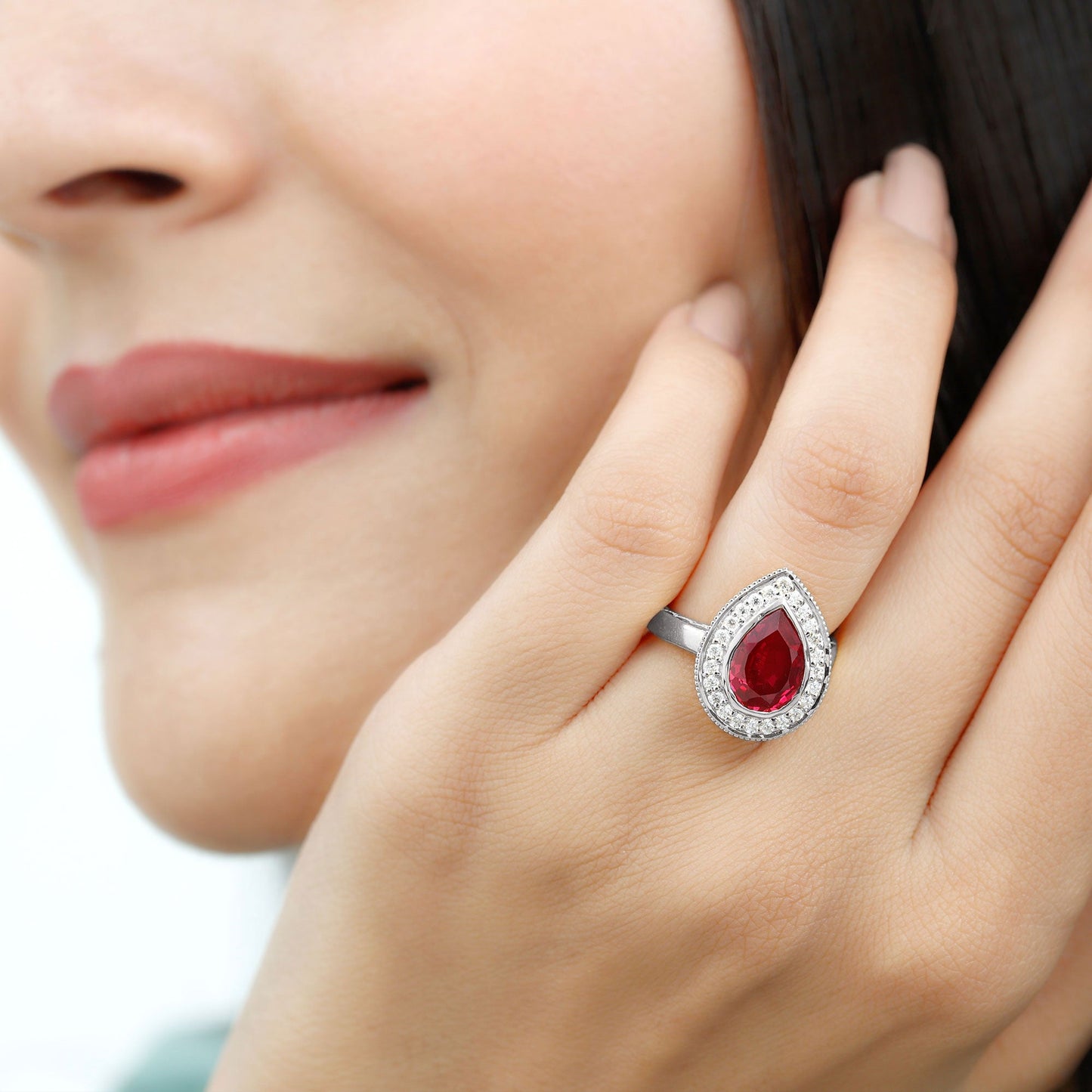 2.9 Carat Lab Created Ruby Teardrop Engagement Ring with Diamond Halo