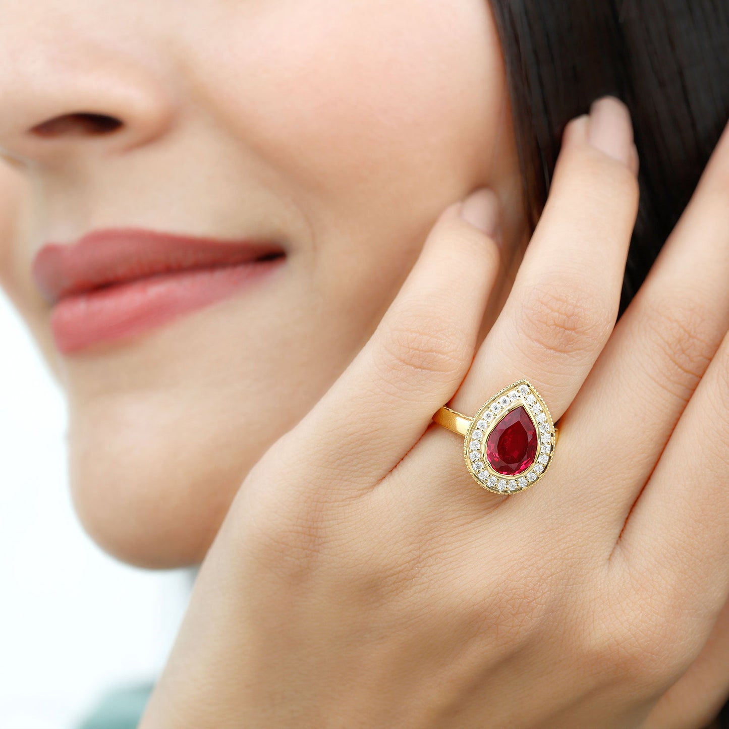 2.9 Carat Lab Created Ruby Teardrop Engagement Ring with Diamond Halo