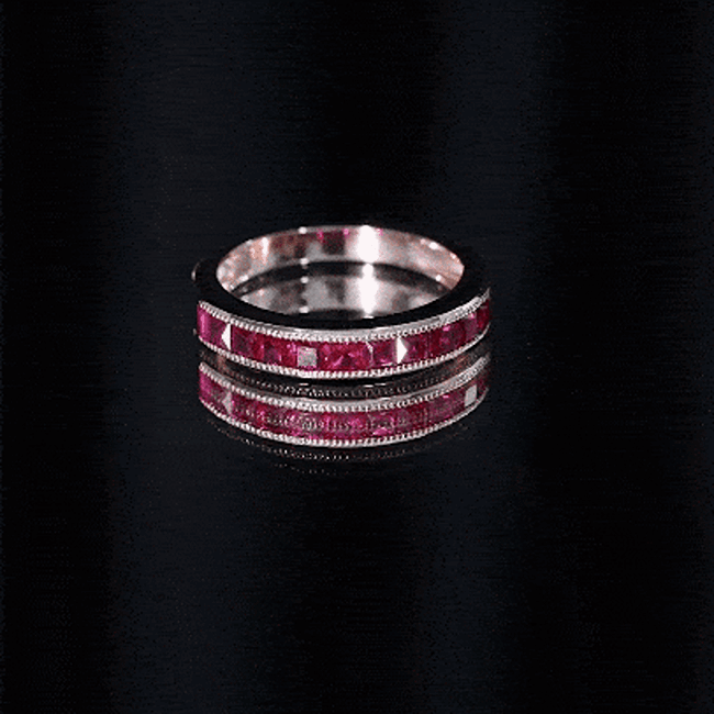 Channel Set Lab Grown Ruby Princess Cut Eternity Band with Milgrain