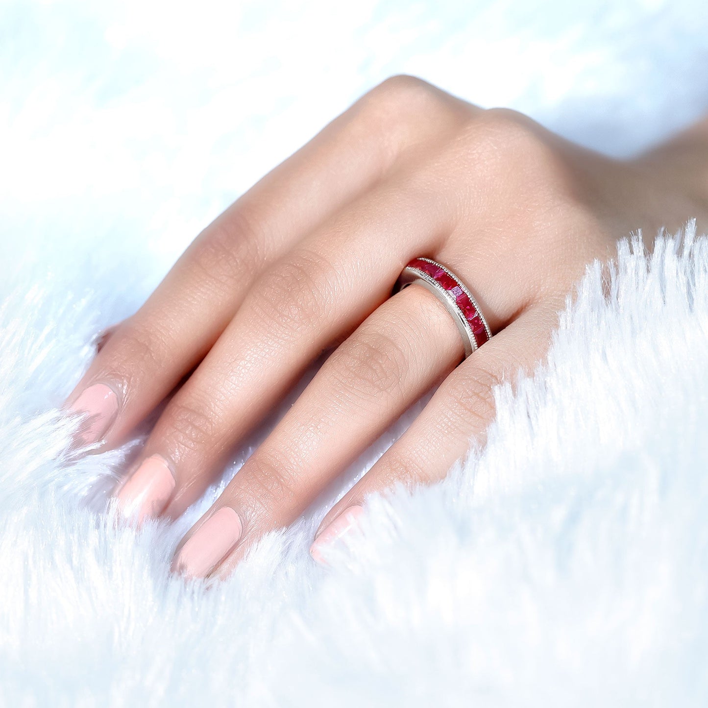 Channel Set Lab Grown Ruby Princess Cut Eternity Band with Milgrain