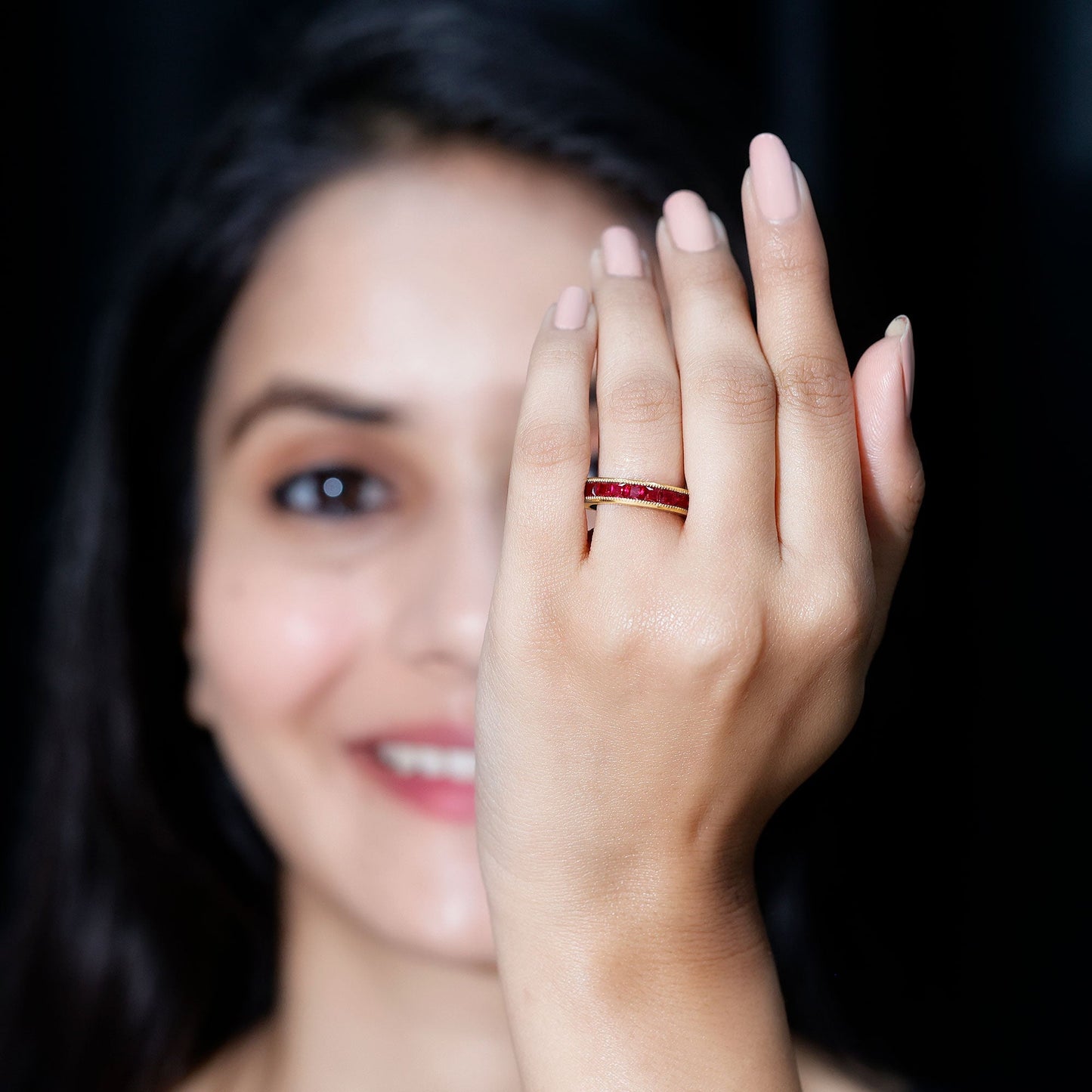 Channel Set Lab Grown Ruby Princess Cut Eternity Band with Milgrain