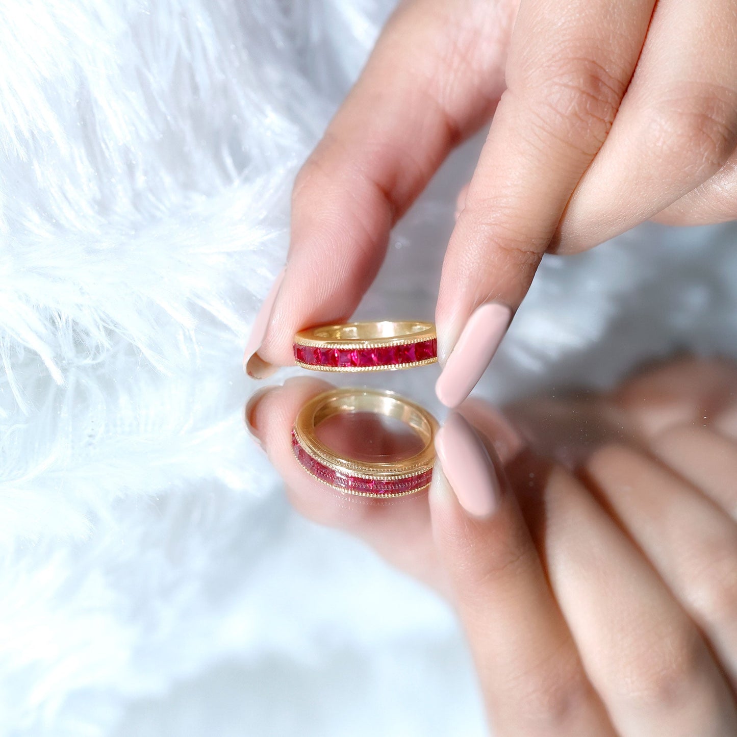 Channel Set Lab Grown Ruby Princess Cut Eternity Band with Milgrain