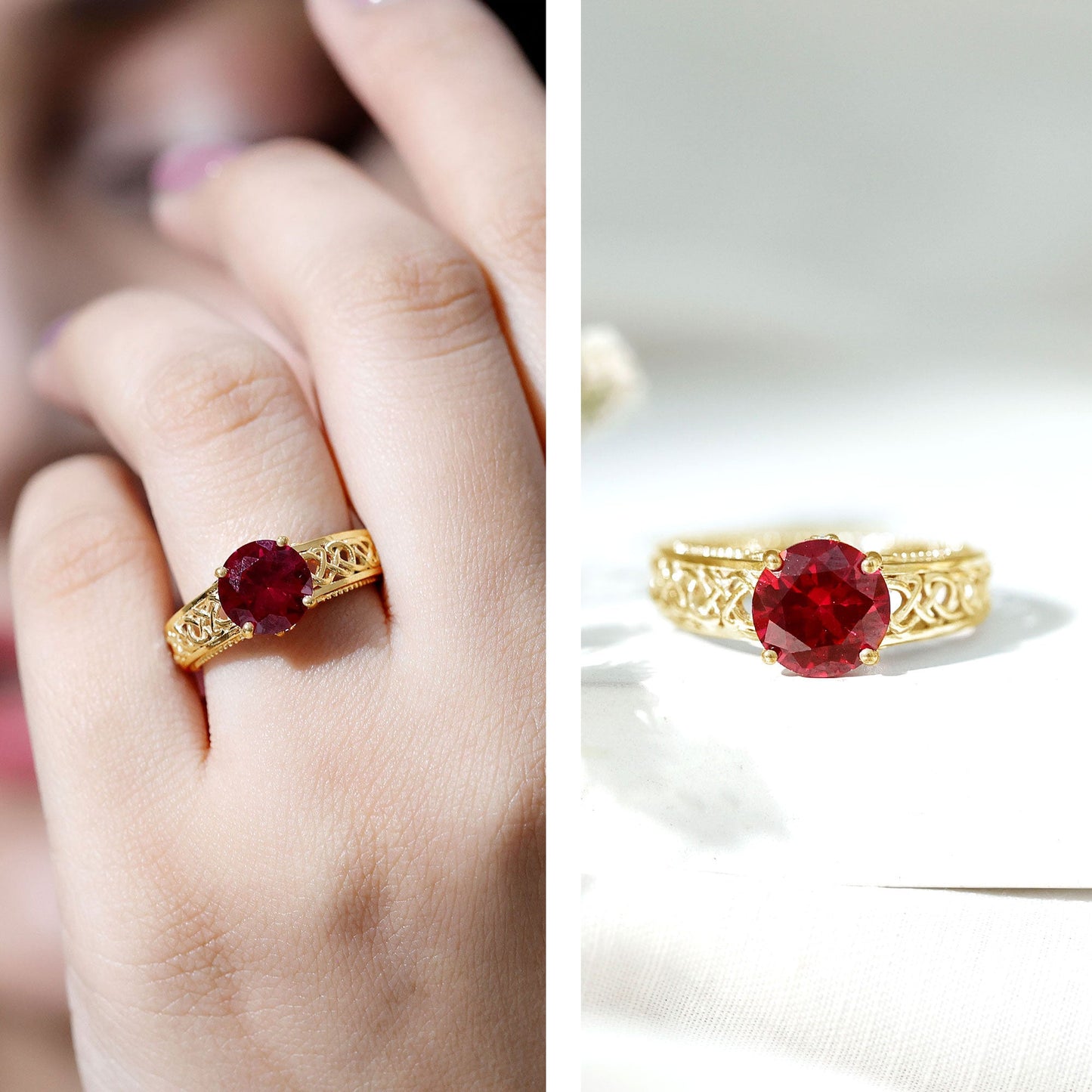 Vintage Style Created Ruby Celtic Knot Band Ring with Surprise Diamond