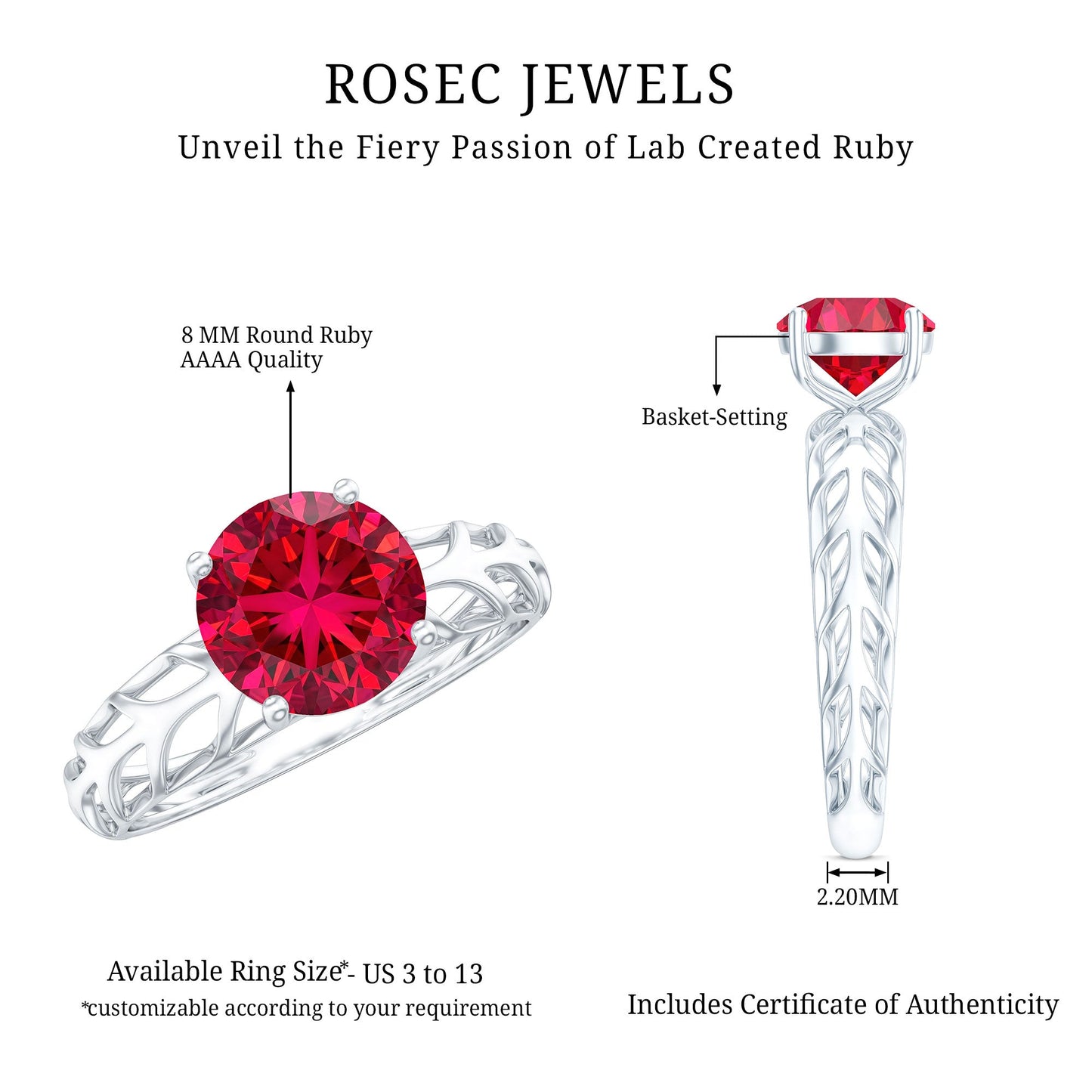 2.3 Carat Lab Created Ruby Solitaire Engagement Ring with Filigree Design