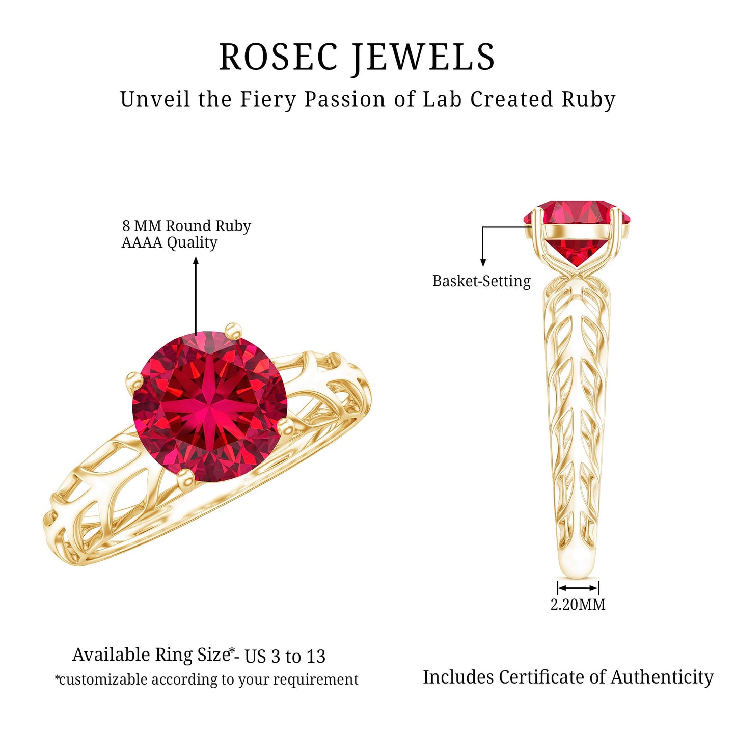 2.3 Carat Lab Created Ruby Solitaire Engagement Ring with Filigree Design