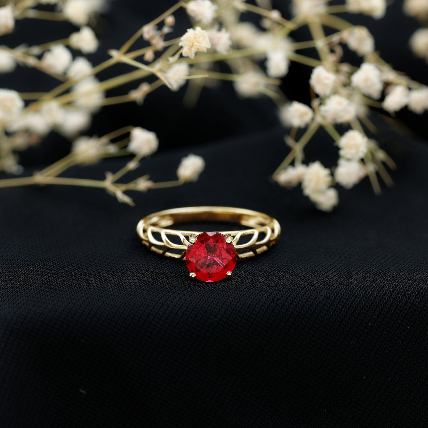 2.3 Carat Lab Created Ruby Solitaire Engagement Ring with Filigree Design