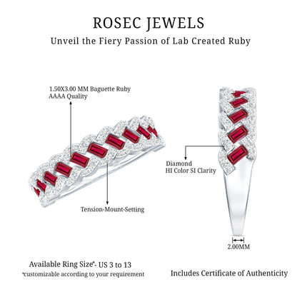 Baguette Created Ruby Braided Eternity Band Ring with Diamond