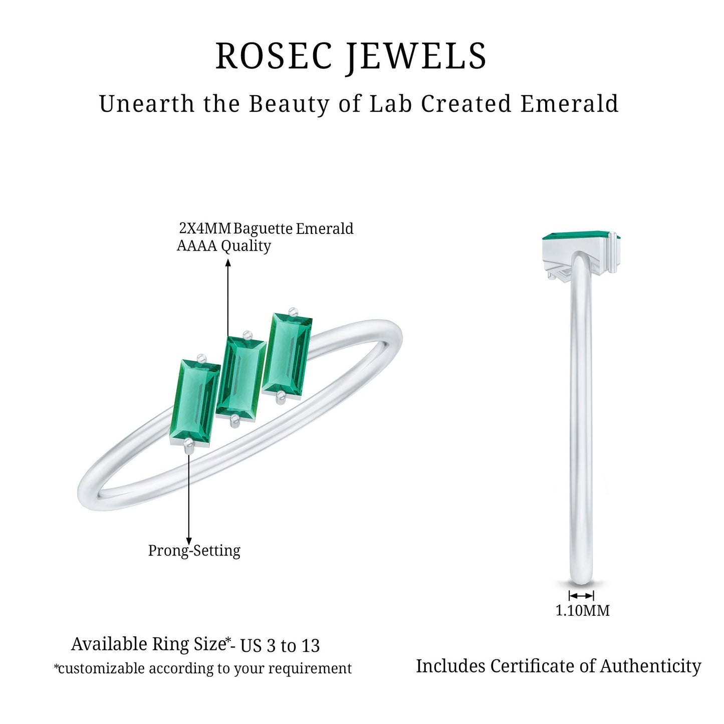 Certified Baguette Lab Grown Emerald 3 Stone Promise Ring