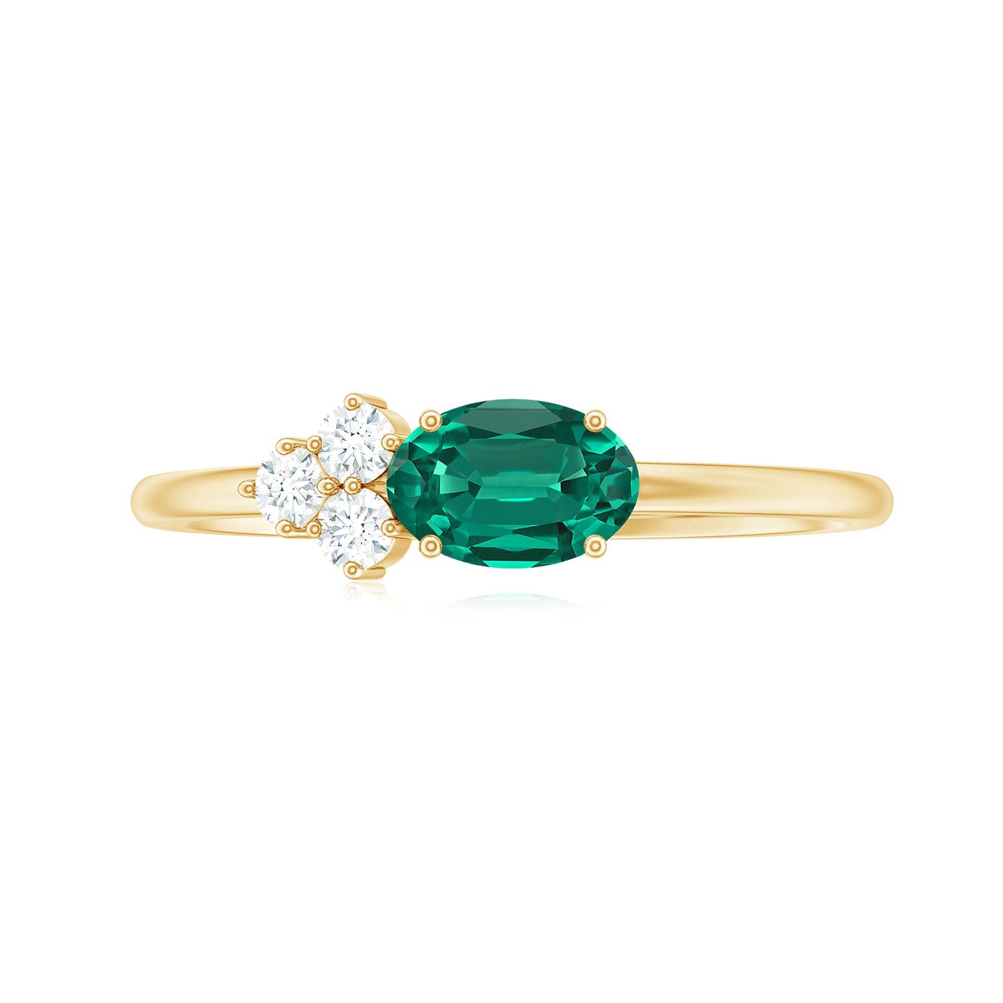 East West Style Oval Lab Grown Emerald Promise Ring with Diamond Trio